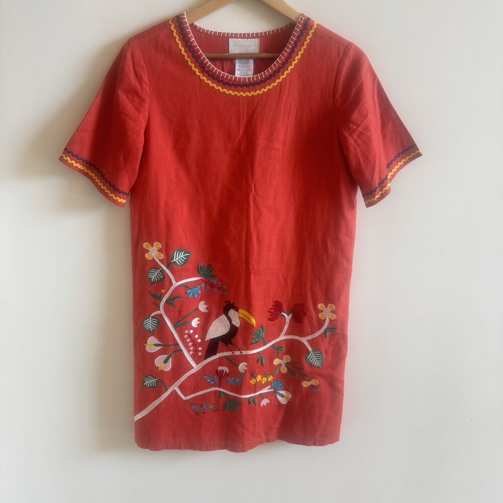 Anthropologie Corey Lynn Calter Dress Womens S Toucan Embroidered Red Tropical